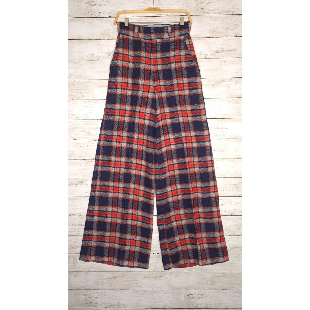Vintage Bell Bottoms His For Her 24 x 30 Wool Plaid Trousers 60s 70s Wide Leg